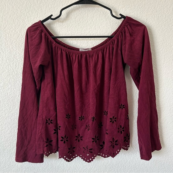 Charlotte Russe Tops - Charlotte Russe Red Burgundy Wine Embellished Long Bell Sleeve Cropped Blouse